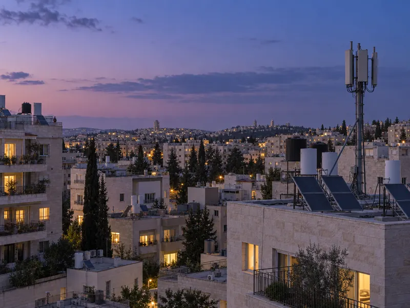 גגות של שכונת מגורים בשעת דמדומים, עם דודי שמש, קולטים ותורן אנטנה סלולרית על אחד הגגות
